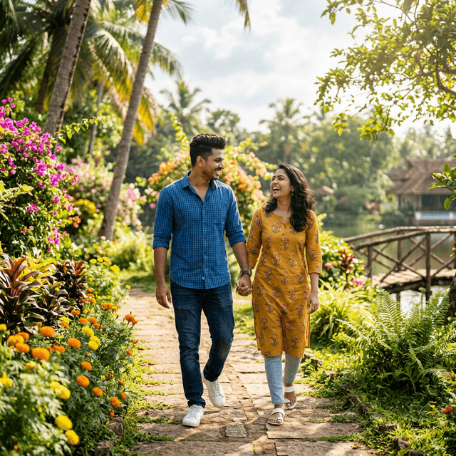 Happy young Indian couple casually walking